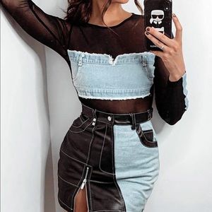 White fox boutique denim/mesh bodysuit